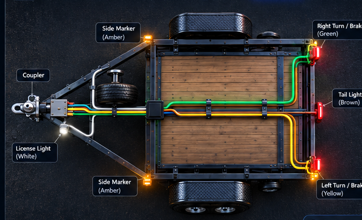 Realistic top-down utility trailer showing colored wiring routes